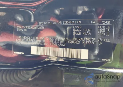 2009 Volvo S60 2.5T/2.5T Special Edition z USA, uszkodzony, nr VIN YV1RS592292733956